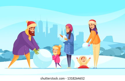 Family active holidays at winter parents and kids with snow balls on city silhouettes background vector illustration