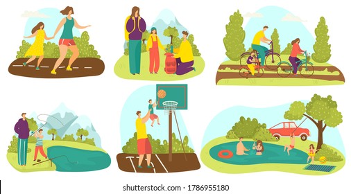 Family active lifestyle with kids together set of cycling, roller skating, playing and swimmimng with children, outing vector illustration. Active leisure and outdoor activities in park for family.