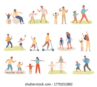 Family active sport set. Mother daughter play badminton sit fitness ball jump rope rollerblading jogging morning father son skateboarding playing football lifting dumbbells. Sporty vector cartoon.