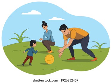 The family is actively resting in nature. Parents play with a child with a ball.