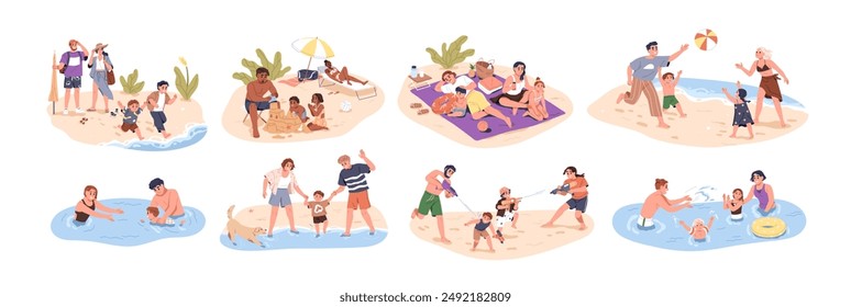 Family activities, beach vacation. Happy parents, children at sea resort on summer holiday travel. Mother, father, kids, active fun and recreation Flat vector illustration isolated on white background