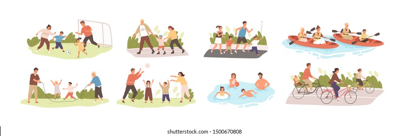 Family activities flat vector illustrations set. Happy childhood, active recreation. Happy parents and children cartoon characters pack. Outdoor games, football, roller skating, jogging and cycling.