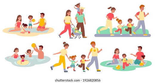 Family activities. Happy people and kids, outdoor spending time together, parents with children walking, beach and roller skates picnic and sport. Parenthood concept vector flat cartoon isolated set