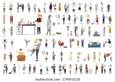 Family activities and hobby. Set active family lifestyle. Elderly people characters. Various life situations in the family circle.  Activities and daily life. Friends, family members, pets. Vector.