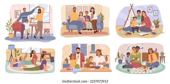 Family activities at home, parents children spend time in sitting-rooms together. Vector illustration of people rest during playing game in apartment. Home activities and entertainment, board games