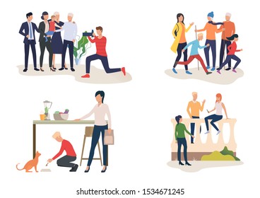 Family activities illustration set. People with children posing for camera, hiking, cooking, feeding pet. Lifestyle concept. Vector illustration for landing pages, presentation slide templates