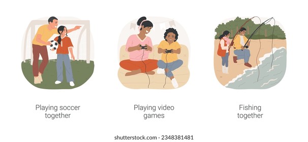 Family activities isolated cartoon vector illustration set. Father and daughter playing soccer, mom and son play video games, dad and teenage child fishing together, good relation vector cartoon.
