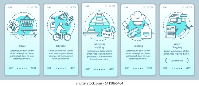 Family activities with kids onboarding mobile app page screen vector template. Bike ride. Walkthrough website steps with linear illustrations. Museum visiting. UX, UI, GUI smartphone interface concept