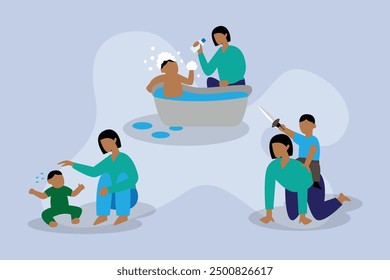 Family Activities Like Bathing and Playing with Young Children at Home 2d flat vector illustration