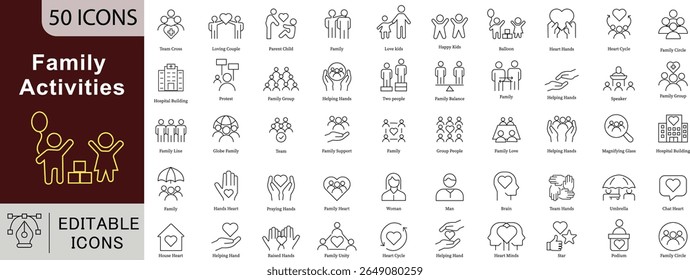 Family Activities Line Icons: Parenthood, Children, Home and Togetherness Vectors
