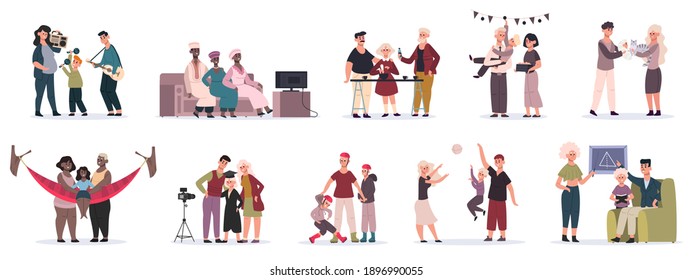 Family activities. Mother, father and children playing, cooking and decorate house together vector illustrations. Happy family active recreations. Playing volleyball, rollerskating, learning