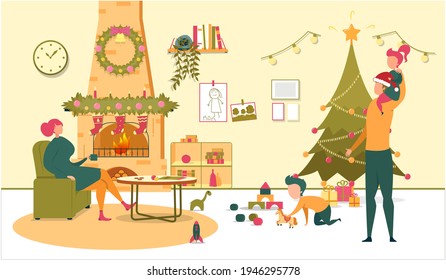 Family Activities on New Year Holidays at Home. Mom Sits in Chair, Drinks Tea near Fireplace. Dad in Santa Hat Holds Daughter. Son Plays Toy Horse. Room Decorated Wreath, Garland and Christmas Tree.
