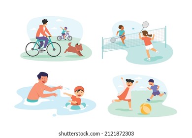 family activities outdoor, boy and girl playing together vector illustration set