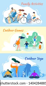 Family Activities. Outdoor Games. Yoga Practice Banner Set. Cartoon Man And Woman Meditate. Asana Training. Parent Children Play Badminton, Ride Bycicle Summer Travel Vector Illustration