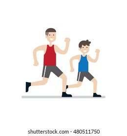 Family activities. Playing together. Father and son running