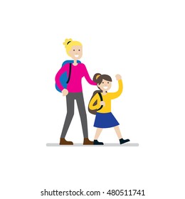Family activities. Playing together, Mother bring her daughter to school
