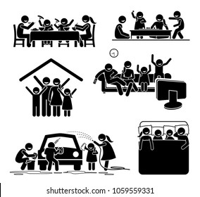 Family Activities Time At Home. Stick Figures Pictogram Depict Family Having Meal, Playing Board Games, Watching TV, Washing Car, And Sleeping Together At Home.