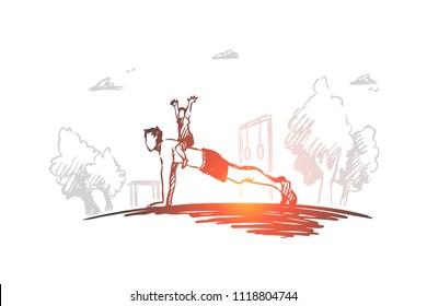 Family, activity, dad, child, pushup concept. Hand drawn young father doing exercises with his son concept sketch. Isolated vector illustration.