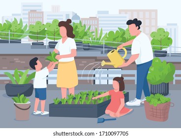 Family activity flat color vector illustration. Mom and dad teach kids gardening. Watering potted plant on outdoors. Parents and childrens 2D cartoon characters with interior on background