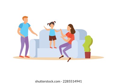 Family activity flat concept with parents and girl having fun together at home vector illustration