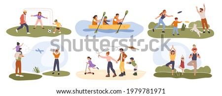 Family activity. Happy parents playing sports games with their children. Healthy family activities, summer outdoor recreation vector set. People playing football, frisbee, roller skating Foto stock © 