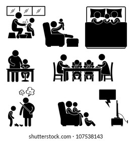 Family Activity House Home Bathing Sleeping Teaching Eating Watching Tv Together Icon Symbol Sign Pictogram