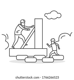 Family Activity Icon. Father And Son Climbing Self Built Obstacle Course. Concept Linear Pictogram For Backyard Family Sport Activity And Summer Vacation Sports. Editable Stroke Vector Illustration