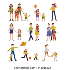 Family activity and leisure. Family set colorful characters with parents and children vector Illustrations