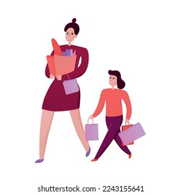 Family activity with mum and daughter going shopping together flat vector illustration