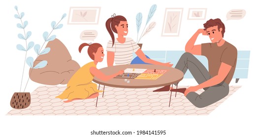 El concepto web de actividades familiares en estilo plano. Mamá, papá e hija juegan al juego de mesa, pasan tiempo juntos. Tiempo de juego y ocio. Escena de actividades de personajes. Ilustración vectorial para la plantilla de sitio web