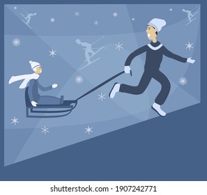 Family activity in winter time. Father and son having fun on a sleigh ride. Winter holidays concept. Monochrome vector illustration for flyer or poster design. 

