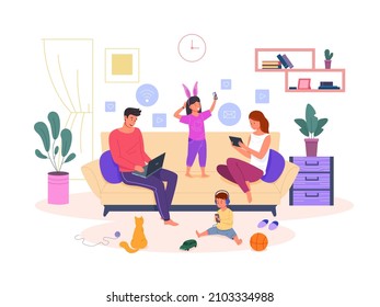 Family Addiction To Gadgets. Addicted People In Social Media Cellphones, Kid Using Phone Home, Parent Use Tablet All Time, Child Device Vector. Illustration Of Family Addiction, People With Gadgets