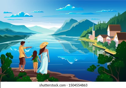 Family admires nature, beautiful mountain landscape with lake. Vector illustration