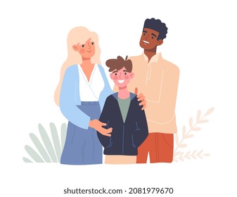 Family adopt boy. Husband and wife took children from orphanage. Caring for new generation, education. Group of happy people, mother and father hug son, love. Cartoon flat vector illustration