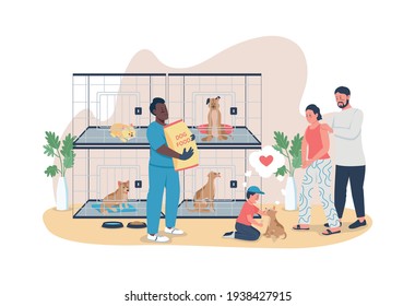Family adopt puppy 2D vector web banner, poster. Parents with child in shelter for homeless animals flat characters on cartoon background. Dog rescue printable patch, colorful web element