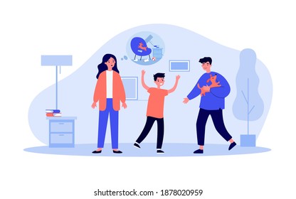 Family Adopting Dog. Cheerful Father And Kid, Concerned Mom Flat Vector Illustration. Domestic Animals, Pet Care Concept For Banner, Website Design Or Landing Web Page