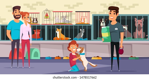 Family adopting puppy flat vector illustration. Young couple, happy child and pet shop worker cartoon characters. People in animal shelter, parents buying dog for kid. Nurslings in cages