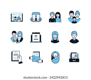 Family and adoption - line design style icons set with editable stroke. New mom, dad and child, happy childhood and parenthood, relationships, people together, married couple and happiness idea