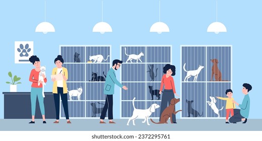 Family adoption pet in animal shelter. Choose your cat or dog, animals wait home. Kind men, women and children adopted pets, recent vector scene