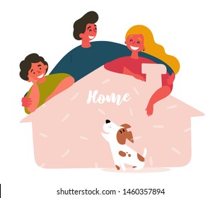 Family adopts dog from shelter house. Friends saved, rescued lovely puppy and gave him new home. Two man, woman and pet. Vector flat cartoon illustration