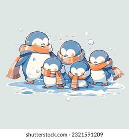 A family of adorable penguins waddling on an icy terrain