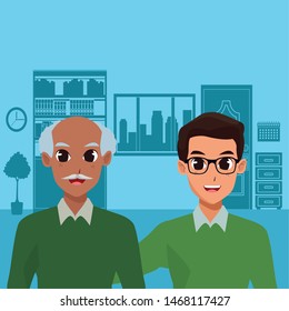 Family adult son taking care of old father inside home vector illustration graphic design