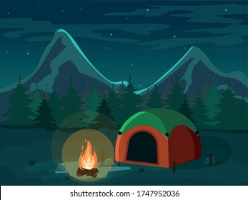 Family Adventure Camping Evening Scene. Tent, Campfire, Pine forest and rocky mountains background, starry night sky with moonlight