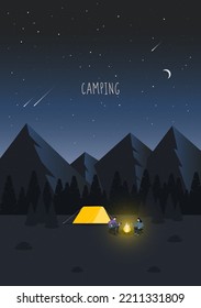 Familienabenteuer Camping Abends Szene. Zelt, Campfire, Pinienwald und Felsgebirge Hintergrund, Sternenhimmel mit Mondschein. Camping, Naturlandschaft. Moderne, flache Vektorgrafik.