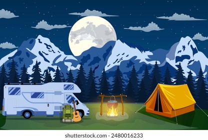 Family Adventure Camping Evening Scene. Tent, Campfire, backpack with giutar, Caravan camper motorhome rv and rocky mountains . vector illustration