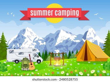 Family Adventure Camping Evening Scene. Tent, Campfire, backpack with giutar, Caravan camper motorhome rv and rocky mountains . vector illustration