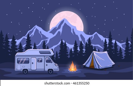 Family Adventure Camping Evening Scene. Caravan Camper Motorhome Rv F Journey To Mountains. Pine Forest And Rocks Background, Starry Night Sky With Moonlight