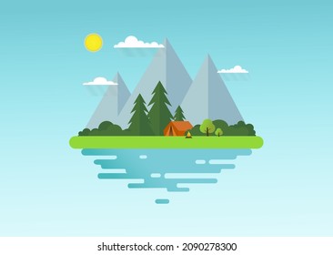 Family Adventure Camping Morning Scene. Tent, Campfire, Pine forest and rocky mountains background, blue sky with sun and couds. Camping