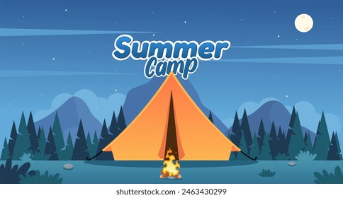 Family Adventure Camping Night Scene. Tent, Campfire, Pine forest and rocky mountains background, starry night sky with moonlight. Suitable for camping event posters, flyers and other	