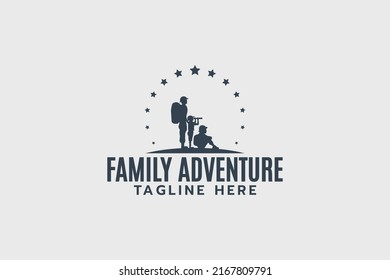 Family Adventure Logo With A Picture Of A Father, Mother And Child Having Fun Doing Outdoor Activities.